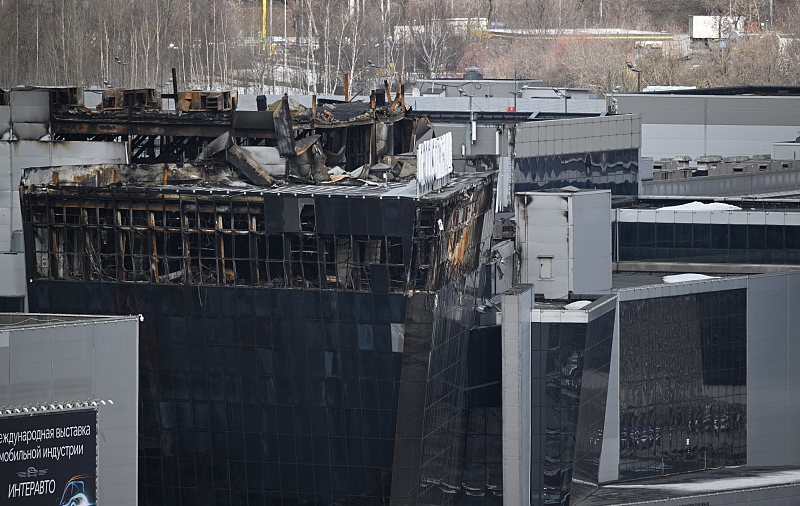 A view shows the Crocus City Hall concert venue following a shooting incident and massive fire, outside Moscow, Russia, March 25, 2024. /CFP