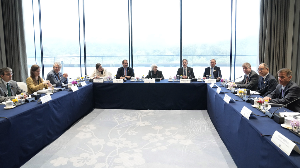 U.S. Treasury Secretary Janet Yellen, center, attends the Business Leaders Roundtable meeting at Baiyun International Conference Center in Guangdong Province, in southern China, April 5, 2024. /CFP