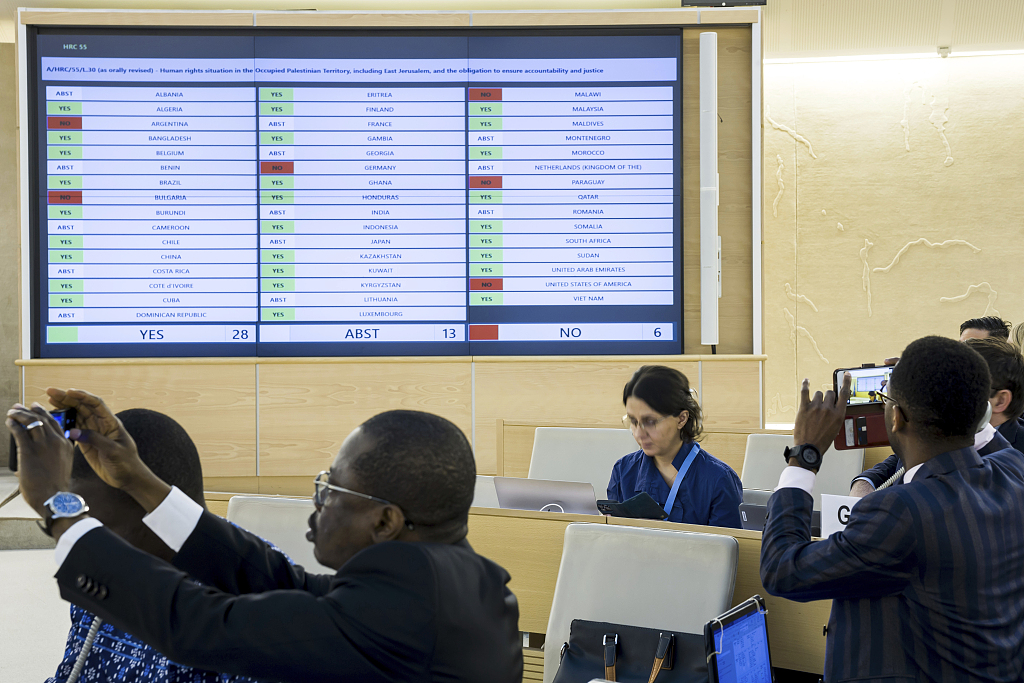 A screen shows the results of a vote on a resolution regarding the Israeli military campaign in Gaza, during the 55th session of the Human Rights Council, at the European headquarters of the United Nations (UN) in Geneva, Switzerland, April 5, 2024. The UN's top human rights body called on countries to stop selling or shipping weapons to Israel in a resolution passed on April 5 that aims to help prevent rights violations against Palestinians amid Israel's blistering military campaign in Gaza. The 47-member-country Human Rights Council voted 28-6 in favor of the resolution, with 13 abstentions. /CFP