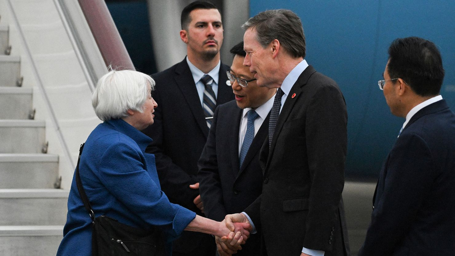 Janet Yellen (left) arrived in Guangzhou, south China's Guangdong Province, April 4, 2024. /AFP