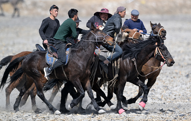 A group of sports enthusiasts take part in a scrambling-for-a-sheep competition in Bayingol Mongolian Autonomous Prefecture, northwest China's Xinjiang Uygur Autonomous Region, April 6, 2024. /CFP
