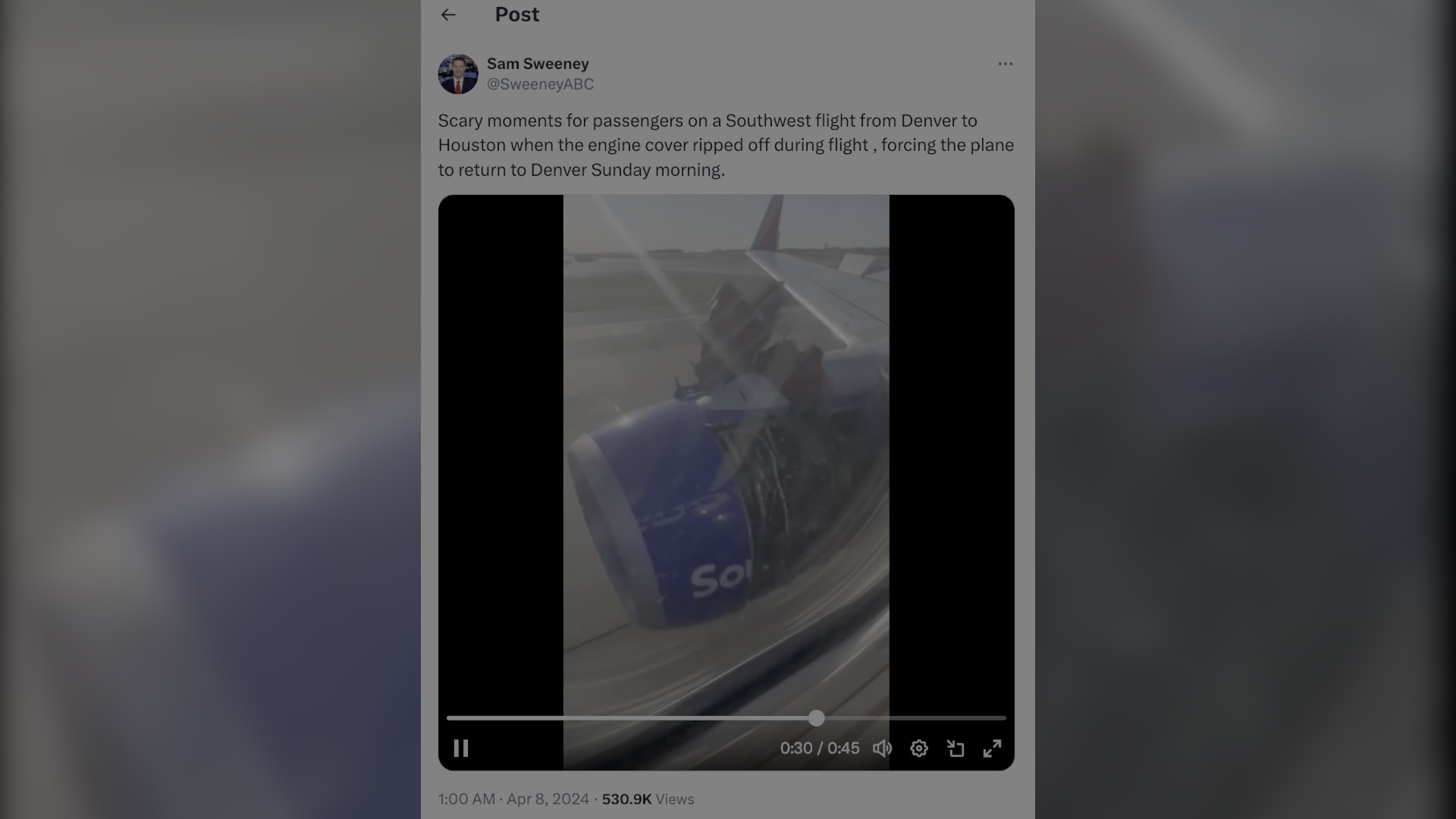 ABC reporter Sam Sweeney on social media platform X posts a video of the ripped engine cover flapping in the wind with a torn Southwest logo from passenger on board. /@Sweeneyabc
