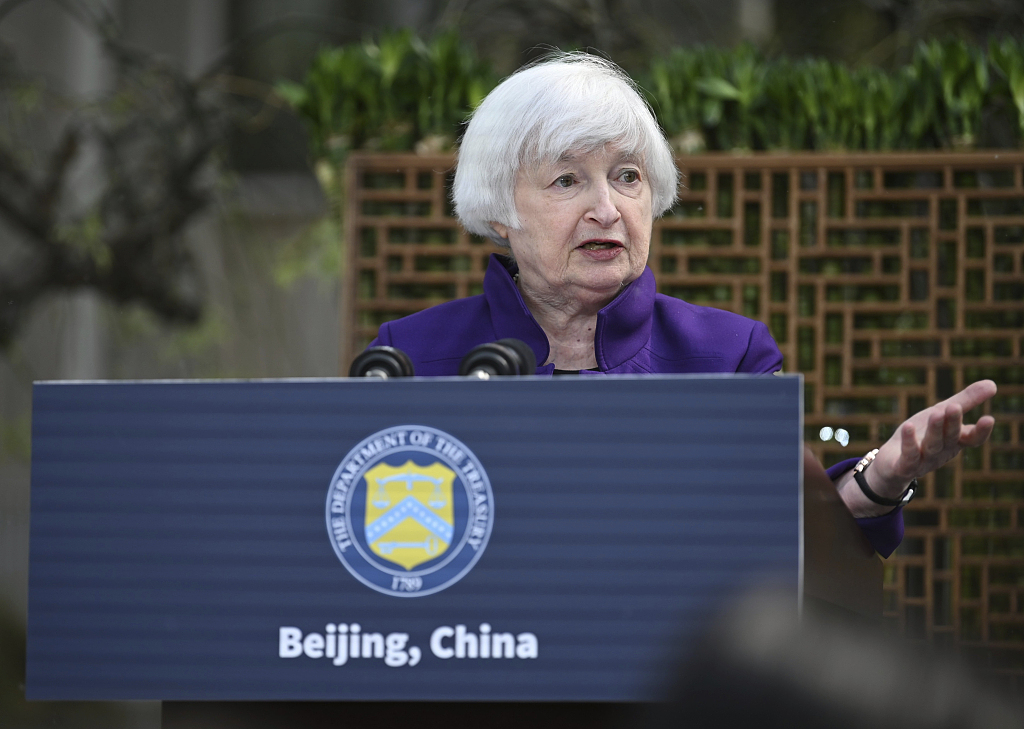 U.S. Secretary of the Treasury Janet Yellen speaks to journalists in Beijing, China, April 8, 2024. /CFP