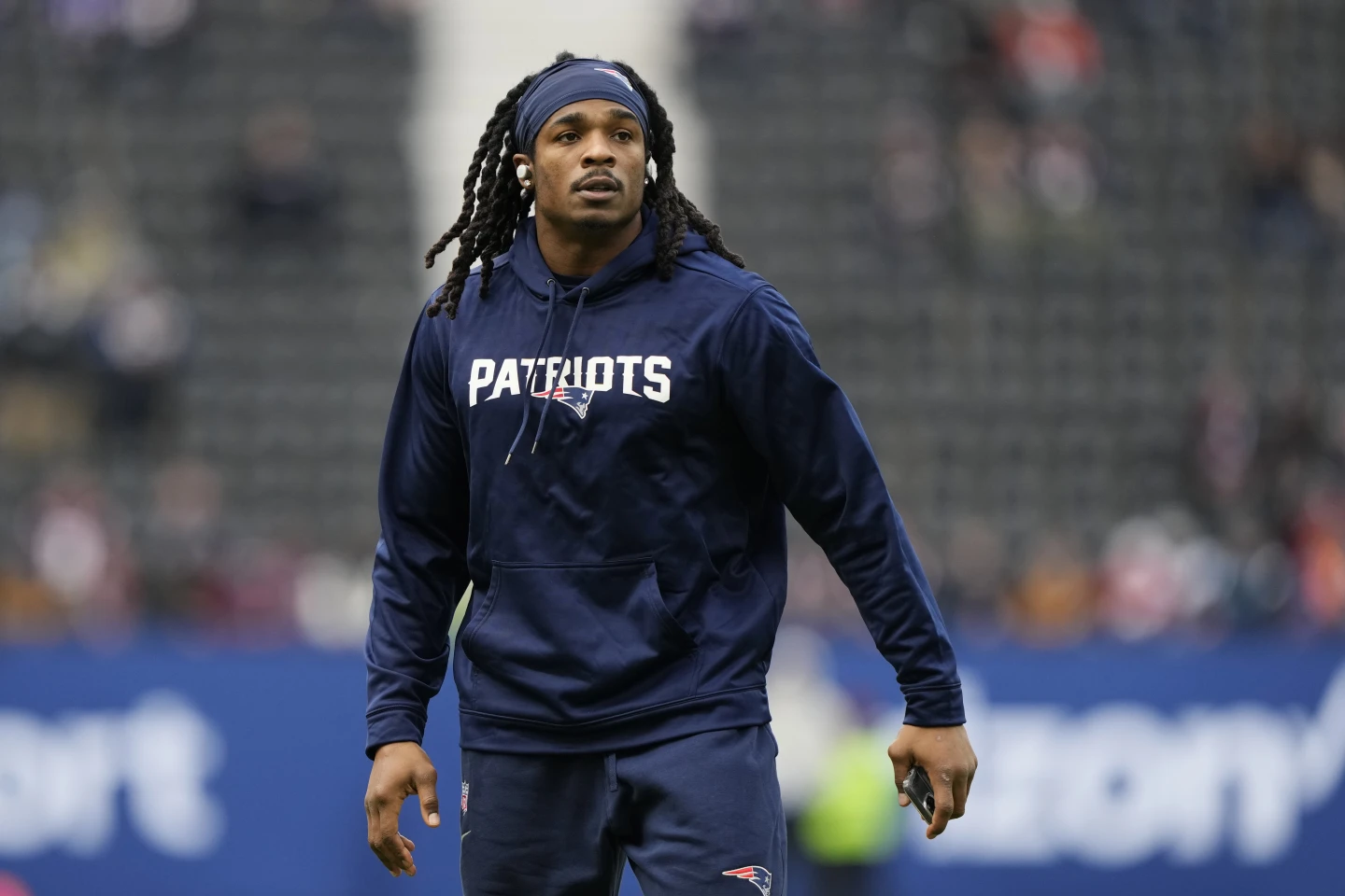 Safety Kyle Dugger of the New England Patriots looks on ahead of the game against the Indianapolis Colts at Deutsche Bank Park Stadium in Frankfurt, Germany, November 12, 2023. /AP