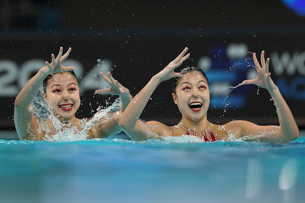 China's Lin Yanhan (L) and Lin Yanjun compete in the women's duet technical at Artistic Swimming World Cup in Beijing, China, April 6, 2024. /CFP