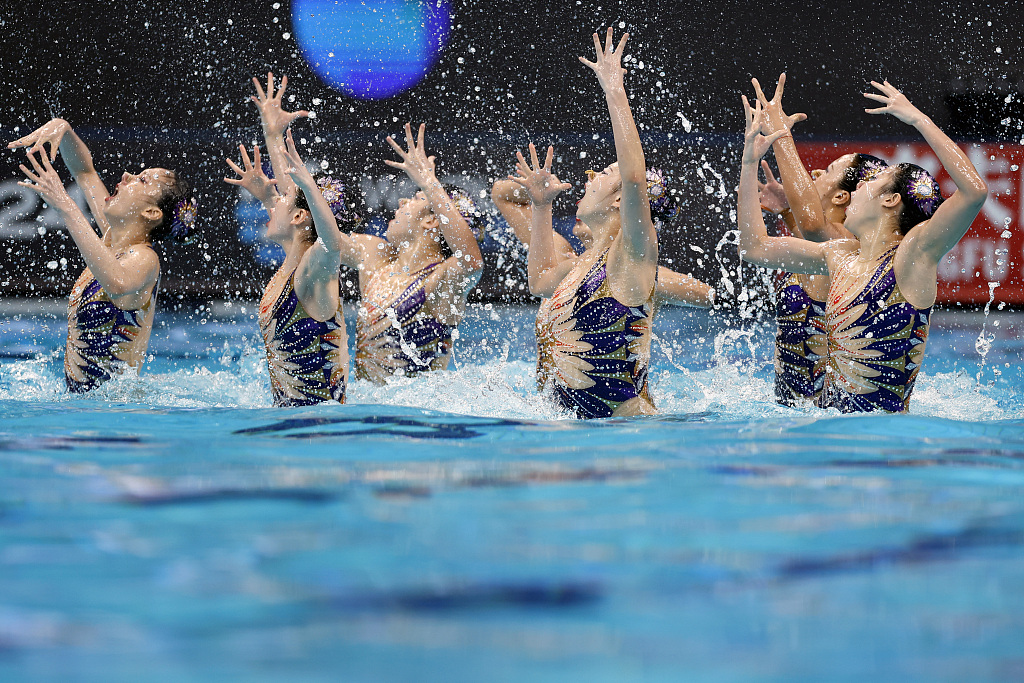 Chinese swimmers in action during the women's team technical at Artistic Swimming World Cup in Beijing, China, April 5, 2024. /CFP