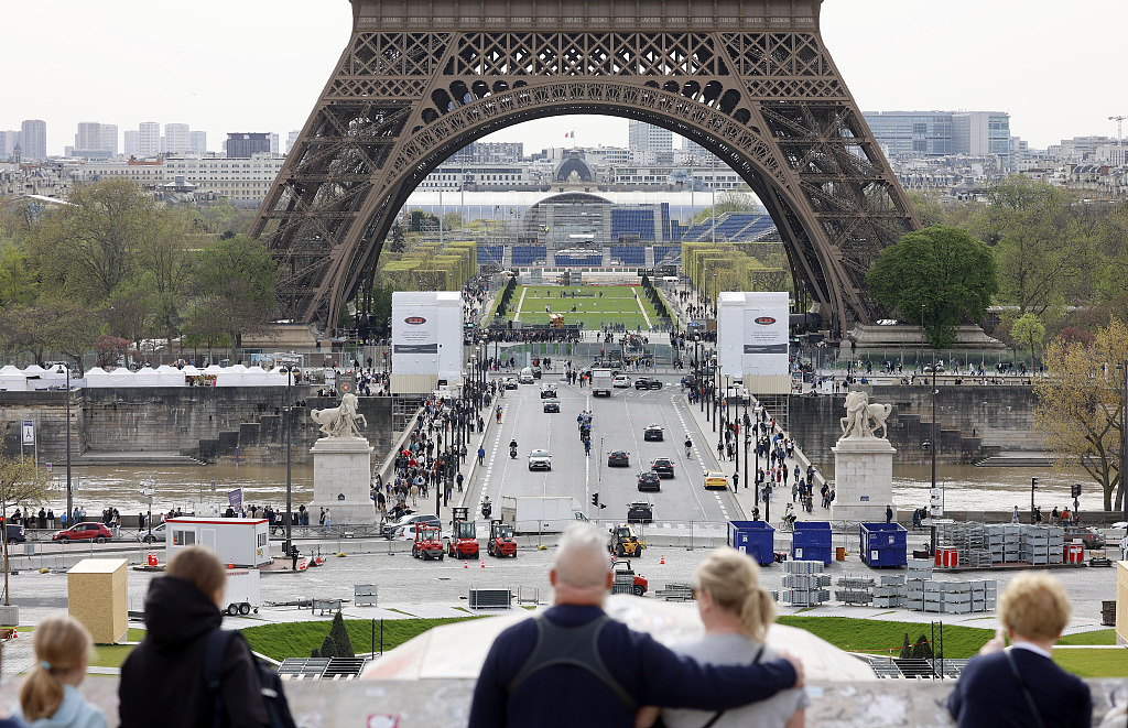 Construction of the grandstands begins on the site of the Eiffel Tower Stadium, which will host the beach volleyball competitions during the upcoming Paris 2024 Olympics in Paris, France, April 6, 2024. /CFP