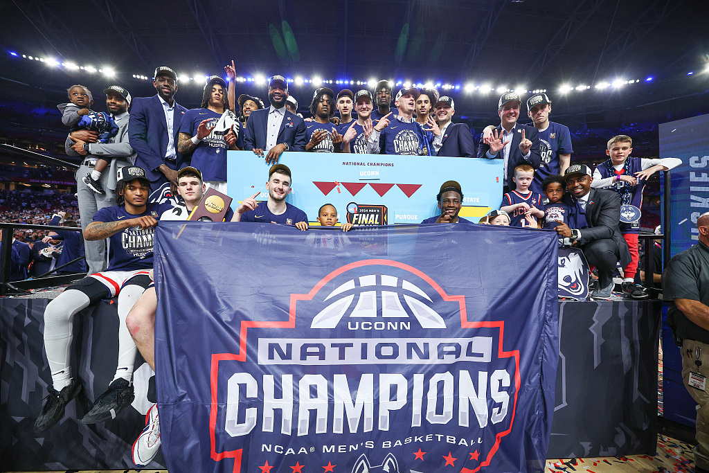 The UConn Huskies beat the Purdue Boilermakers 75-60 to win the National Collegiate Athletics Association Division I men's basketball tournament's title at State Farm Stadium in Glendale, Arizona, April 8, 2024. /CFP