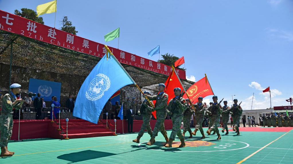 Chinese peacekeepers attend an award ceremony at the camp of the engineering company of the Chinese contingent on the outskirts of Bukavu, the capital of the eastern province of South Kivu, the DRC, April 9, 2024. /Xinhua
