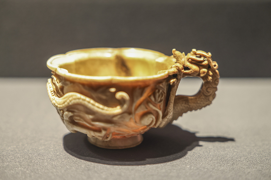 A Song Dynasty (960-1279) jade cup with a dragon handle is displayed at the Palace Museum in Beijing on January 28, 2024. /CFP
