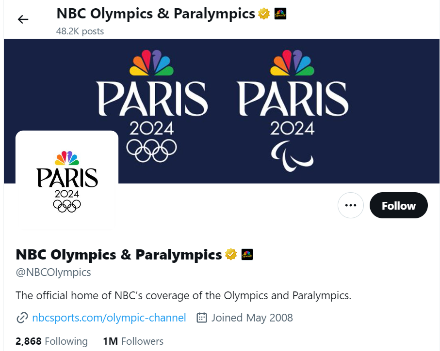 A screenshot of NBC Olympics & Paralympics' profile page on X. /@NBCOlympics