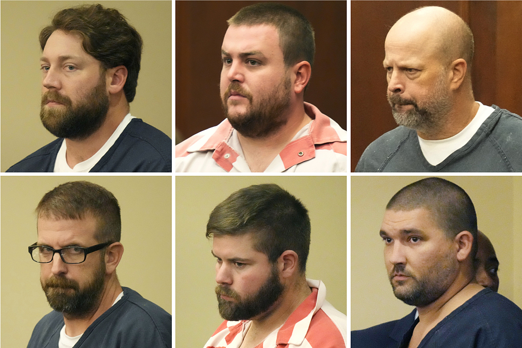 This combination of photos shows, from top left, former Rankin County sheriff's deputies Hunter Elward, Christian Dedmon, Brett McAlpin, Jeffrey Middleton, Daniel Opdyke and former Richland police officer Joshua Hartfield appearing at the Rankin County Circuit Court in Brandon, Mississippi, U.S., August 14, 2023. /CFP