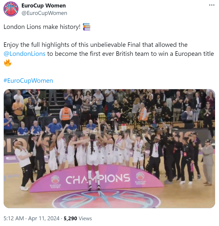 EuroCup Women's tweet on April 11 about the London Lions. /@EuroCupWomen