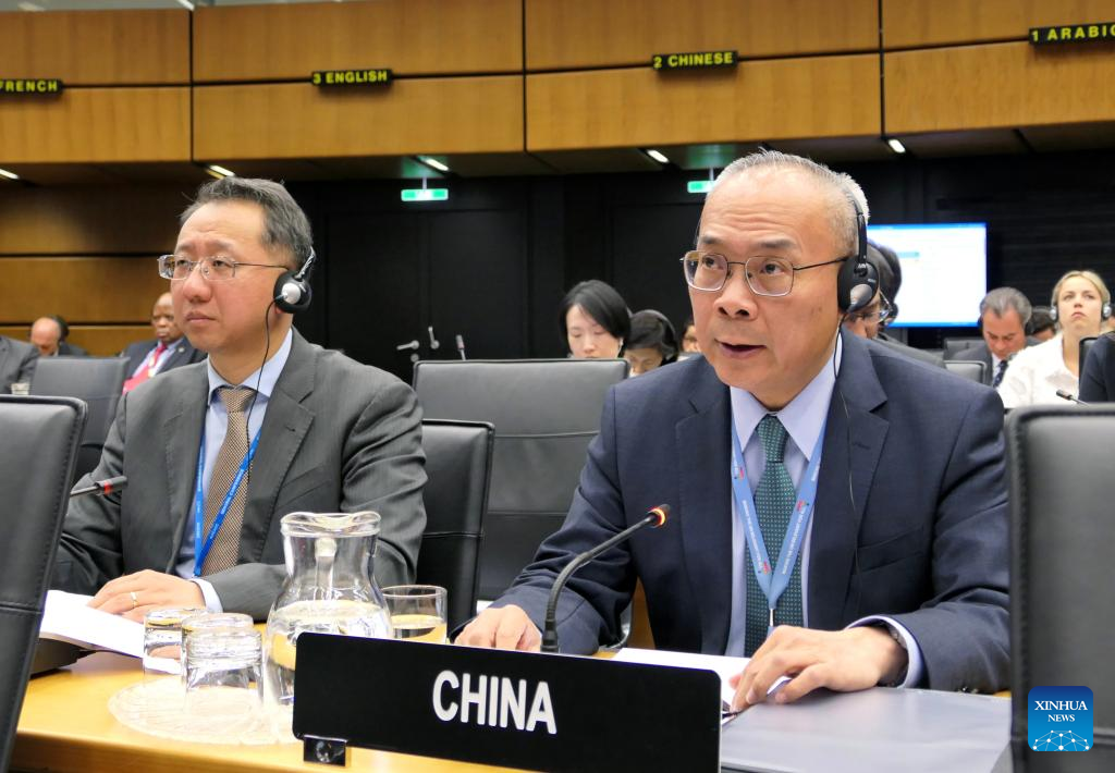 Li Song (R, front), China's permanent representative to the International Atomic Energy Agency (IAEA), speaks during a special meeting of the IAEA Board of Governors in Vienna, Austria, on April 11, 2024. /Xinhua