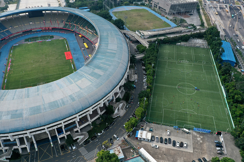 An aerial view of football pitches around a stadium in Shenzhen, China. /CFP