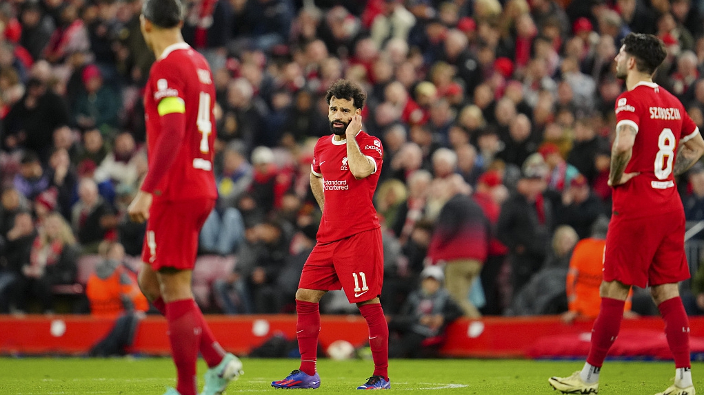 Liverpool players in frustration during their Europa League clash with Atalanta, at the Anfield stadium in Liverpool, England, April 11, 2024. /CFP