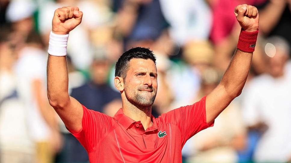 Serbia's Novak Djokovic celebrates after winning against Italy's Lorenzo Musetti during their clash at the Monte Carlo Country Club, Monaco, April 11, 2024. /CFP