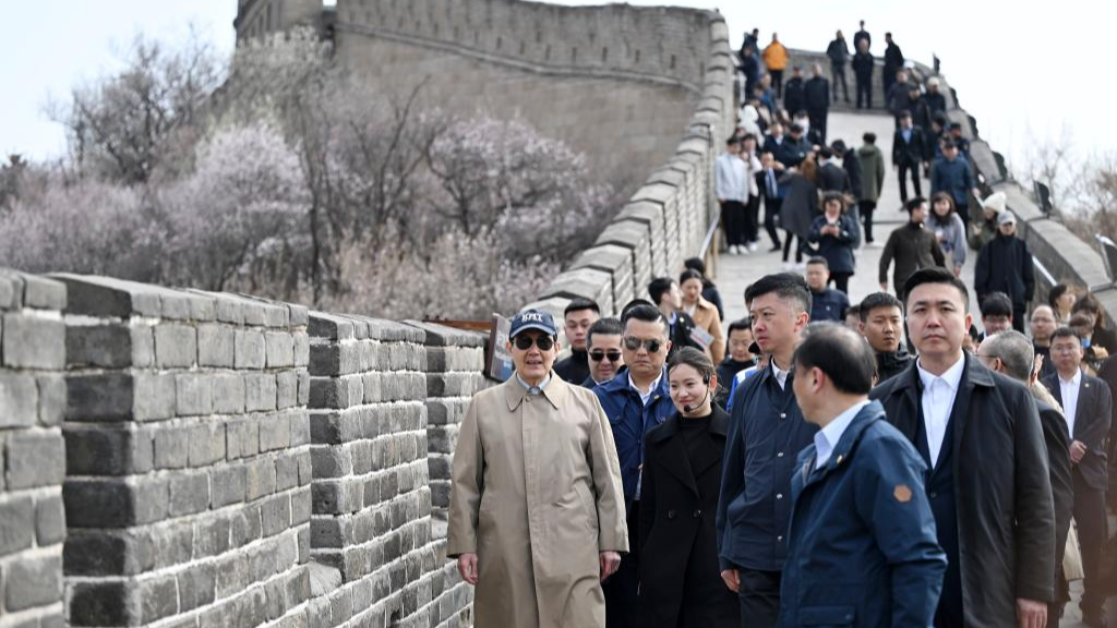 Ma Ying-jeou, former chairman of the Chinese Kuomintang party, and members of a Taiwan youth delegation visit the Badaling Great Wall in Beijing, capital of China, April 9, 2024. /Xinhua