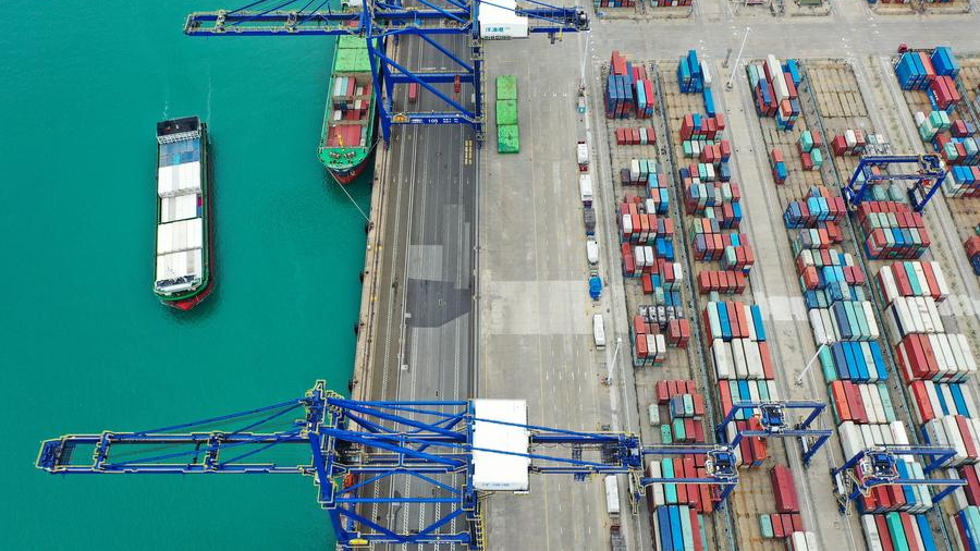 An aerial drone photo taken on March 13, 2024, shows the Yangpu international container terminal in south China's Hainan Province. /Xinhua
