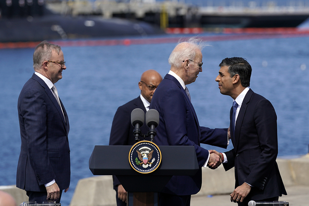 British PM Rishi Sunak (R) shakes hands with U.S. President Joe Biden after a news conference with Australian PM Anthony Albanese (L) where they unveil AUKUS, a trilateral security pact between Australia, Britain and the United States, at Naval Base Point Loma in San Diego, California, U.S., March 13, 2023. /CFP