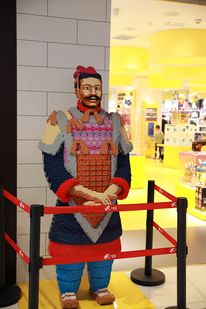 A Terracotta Warrior replica made with 90,000 Lego bricks is displayed at a store in Xi’an City, northwest China's Shaanxi Province, April 12, 2024. /CFP
