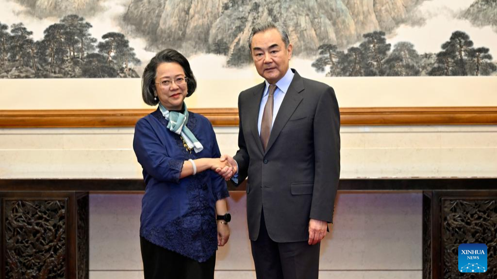 Chinese Foreign Minister Wang Yi (R), also a member of the Political Bureau of the CPC Central Committee, meets with Armida Salsiah Alisjahbana, executive secretary of ESCAP of the United Nations, in Beijing, China, April 12, 2024. /Xinhua