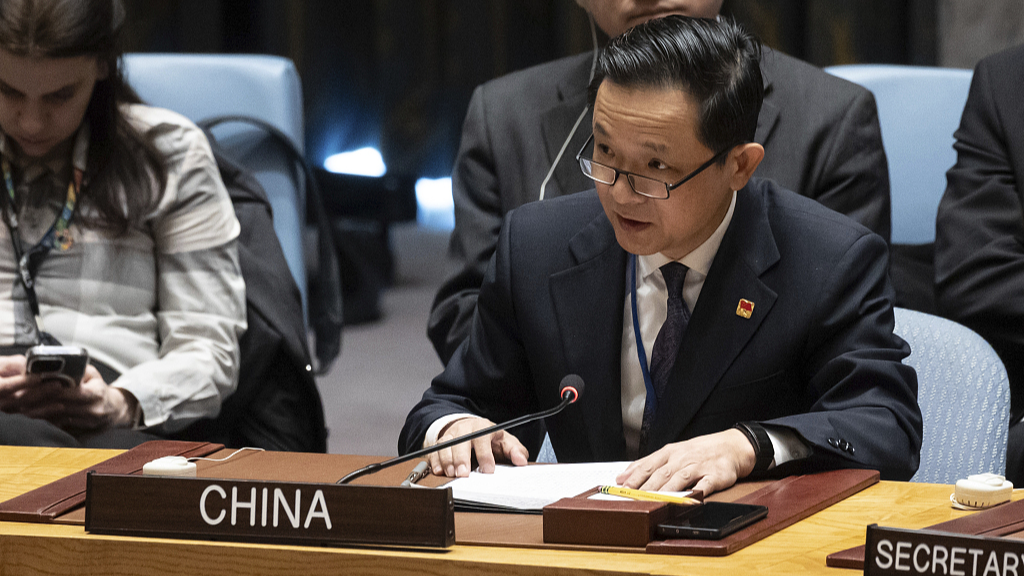 File photo: Dai Bing, the charge d'affaires of China's permanent mission to the United Nations, speaks during a Security Council meeting at United Nations headquarters, December 22, 2023. /CFP