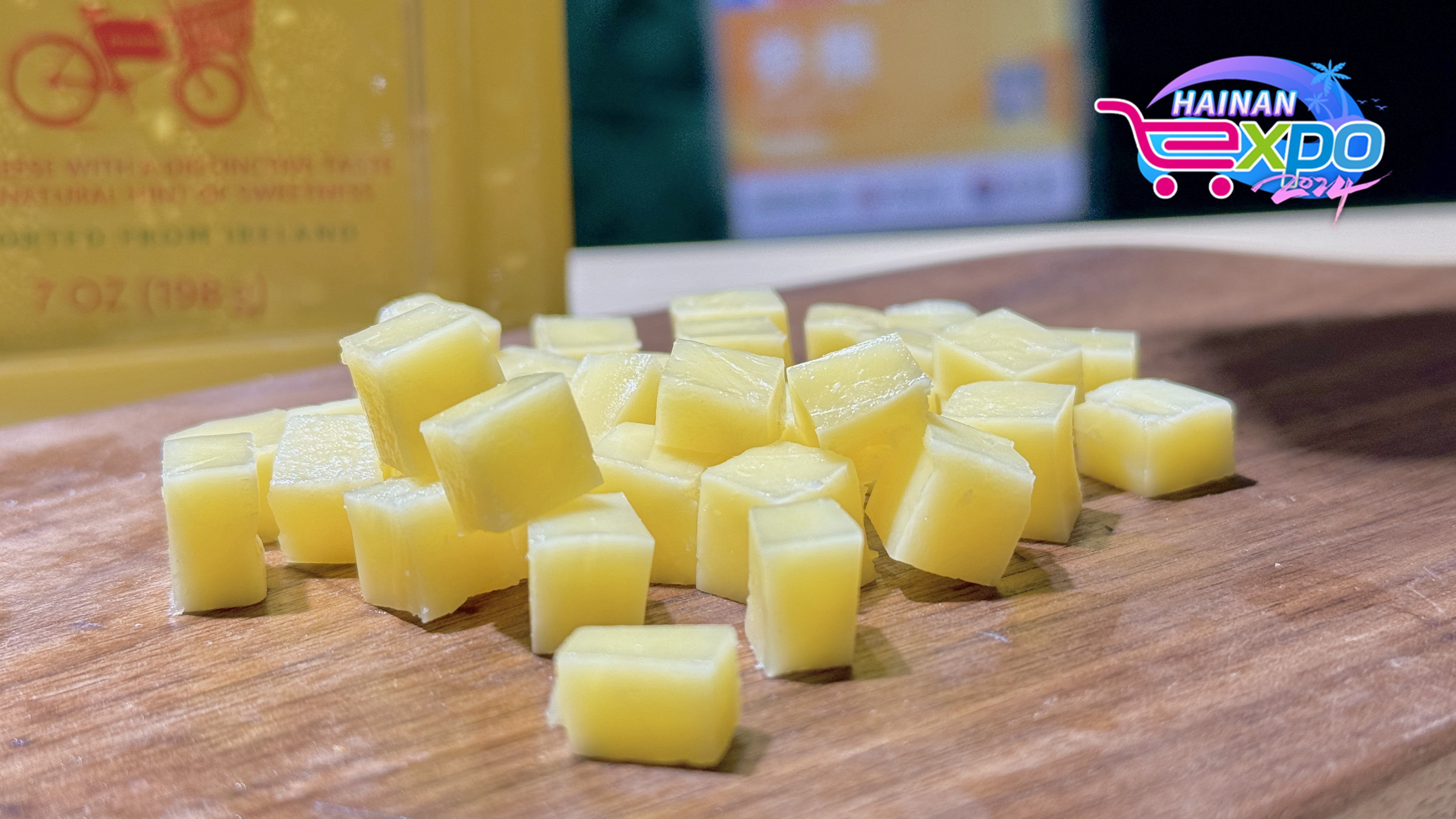 Cheese cubes are seen at the fourth China International Consumer Products Expo, Haikou City, south China's Hainan Province, April 15, 2024. Guo Meiping/CGTN