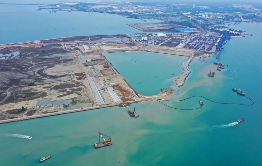 A photo taken by a drone showing the expansion project of Yangpu International Container Terminal in south China's Hainan Province, March 13, 2024. /Xinhua