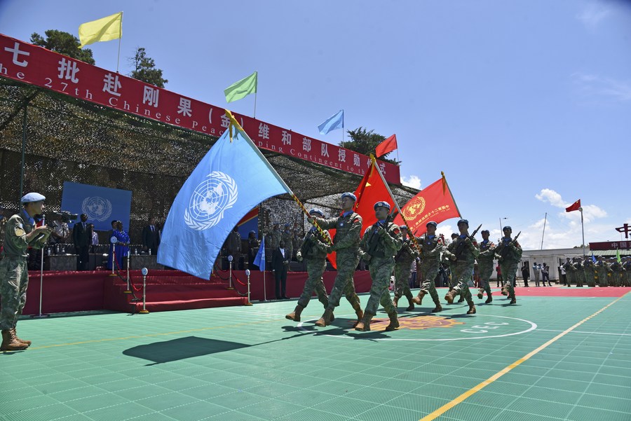 Chinese peacekeepers attend an awards ceremony at the Chinese contingent's engineering company camp on the outskirts of Bukavu, the capital of the eastern province of South Kivu, the Democratic Republic of the Congo, April 9, 2024. /Xinhua