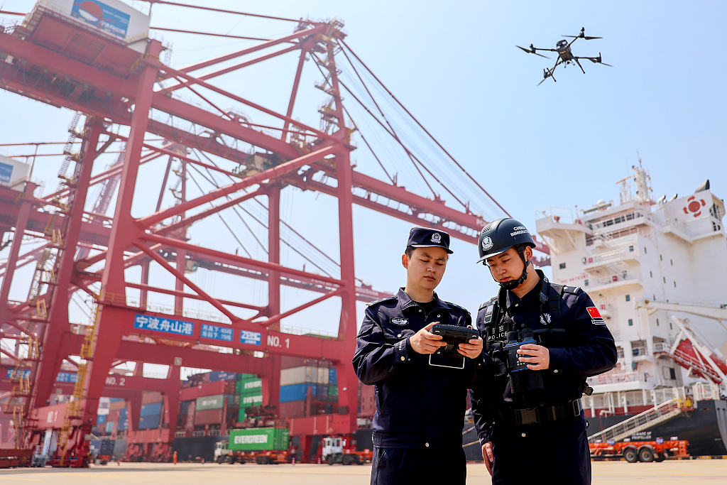 Police conduct aerial inspections using drones in Zhoushan, east China's Zhejiang Province, April 9, 2024. /CFP
