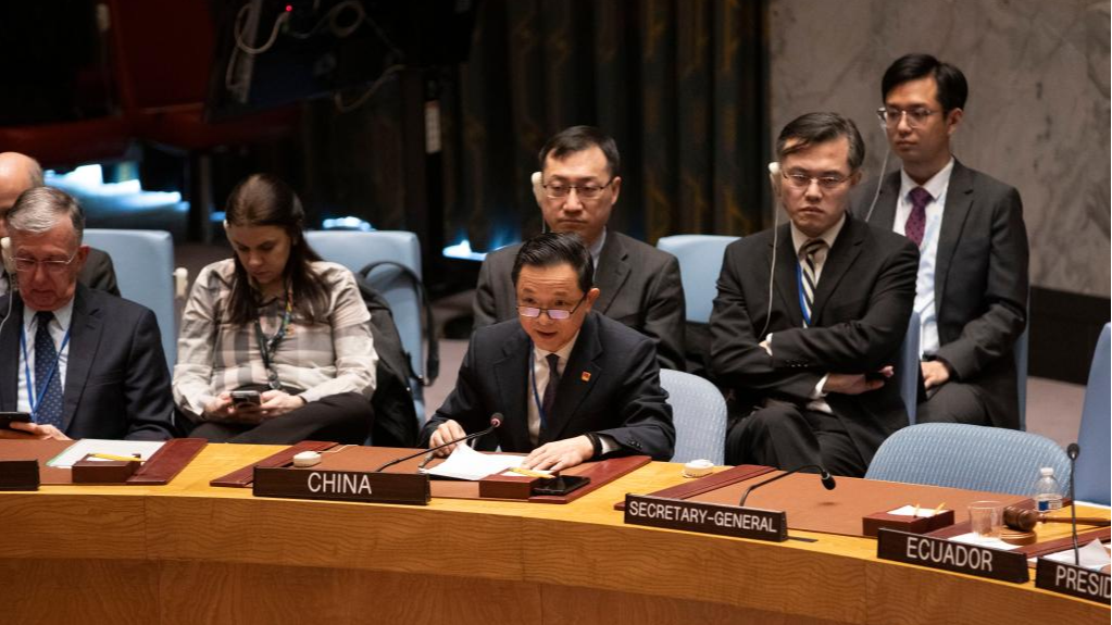 Dai Bing (3rd L, front), charge d'affaires of China's permanent mission to the United Nations, speaks after the UN Security Council adopted a resolution to boost humanitarian aid access to Gaza at the UN headquarters in New York, U.S., December 22, 2023. /Xinhua