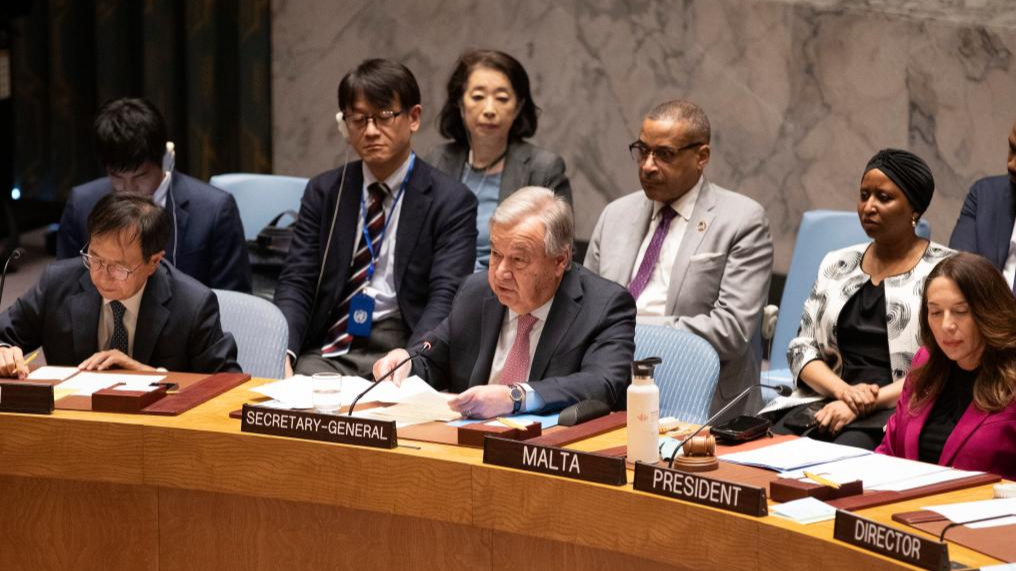 UN Secretary-General Antonio Guterres (C, front) speaks during an emergency meeting of UN Security Council held at the UN headquarters in New York, April 14, 2024. /Xinhua