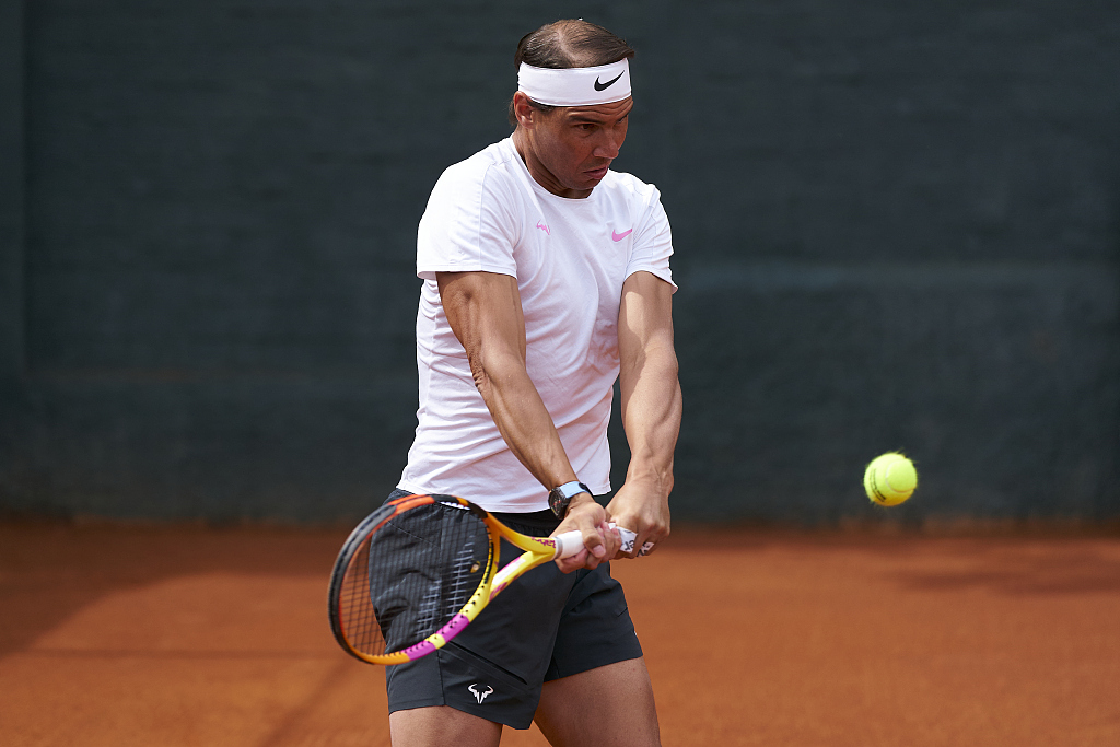 Rafael Nadal plays a backhand during training session at Barcelona Open at Real Club De Tenis Barcelona in Barcelona, Spain, April 15, 2024. /CFP