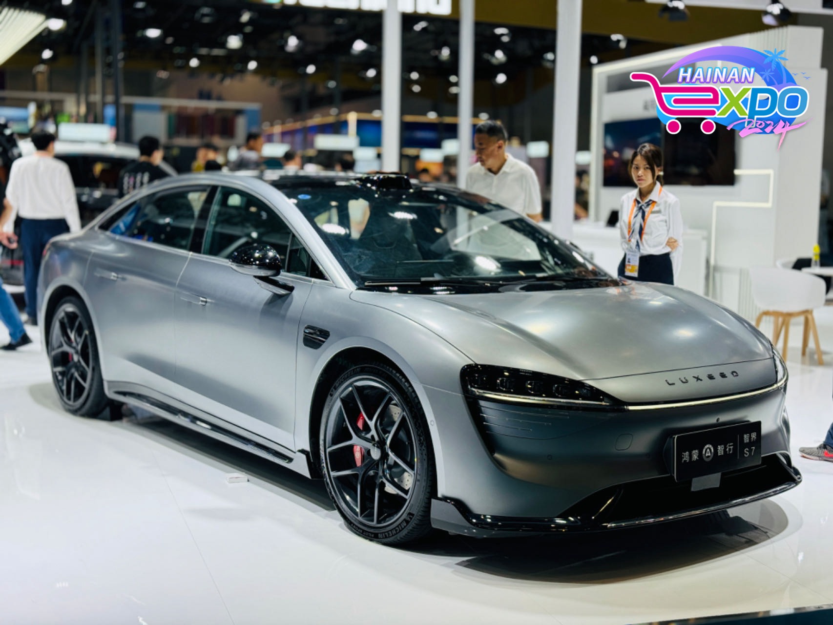 An electric car is seen at the fourth China International Consumer Products Expo, Haikou City, south China's Hainan Province, April 15, 2024. Guo Meiping/CGTN