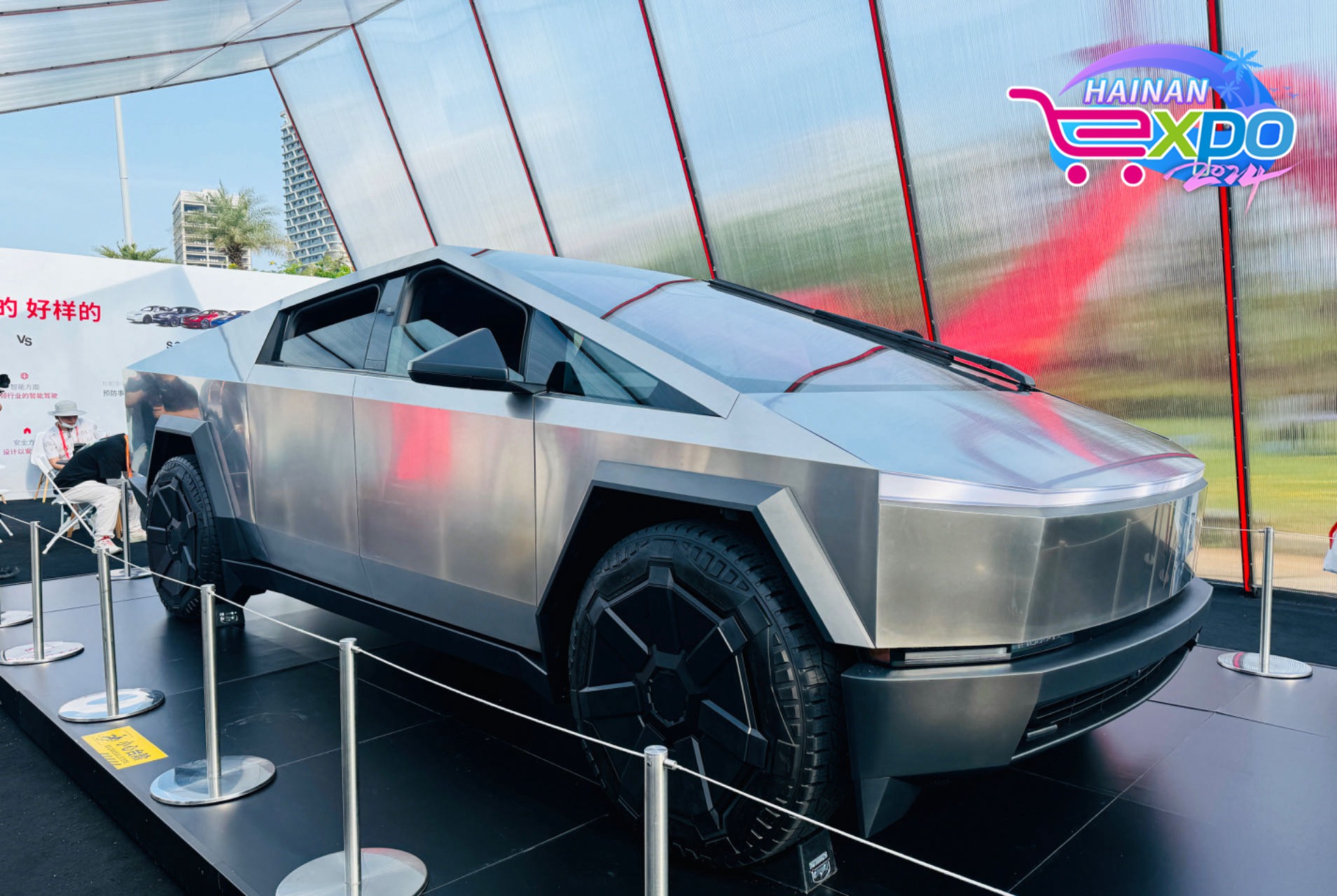 A Tesla Cybertruck is seen outside the main venue of the fourth China International Consumer Products Expo, Haikou City, south China's Hainan Province, April 15, 2024. Guo Meiping/CGTN