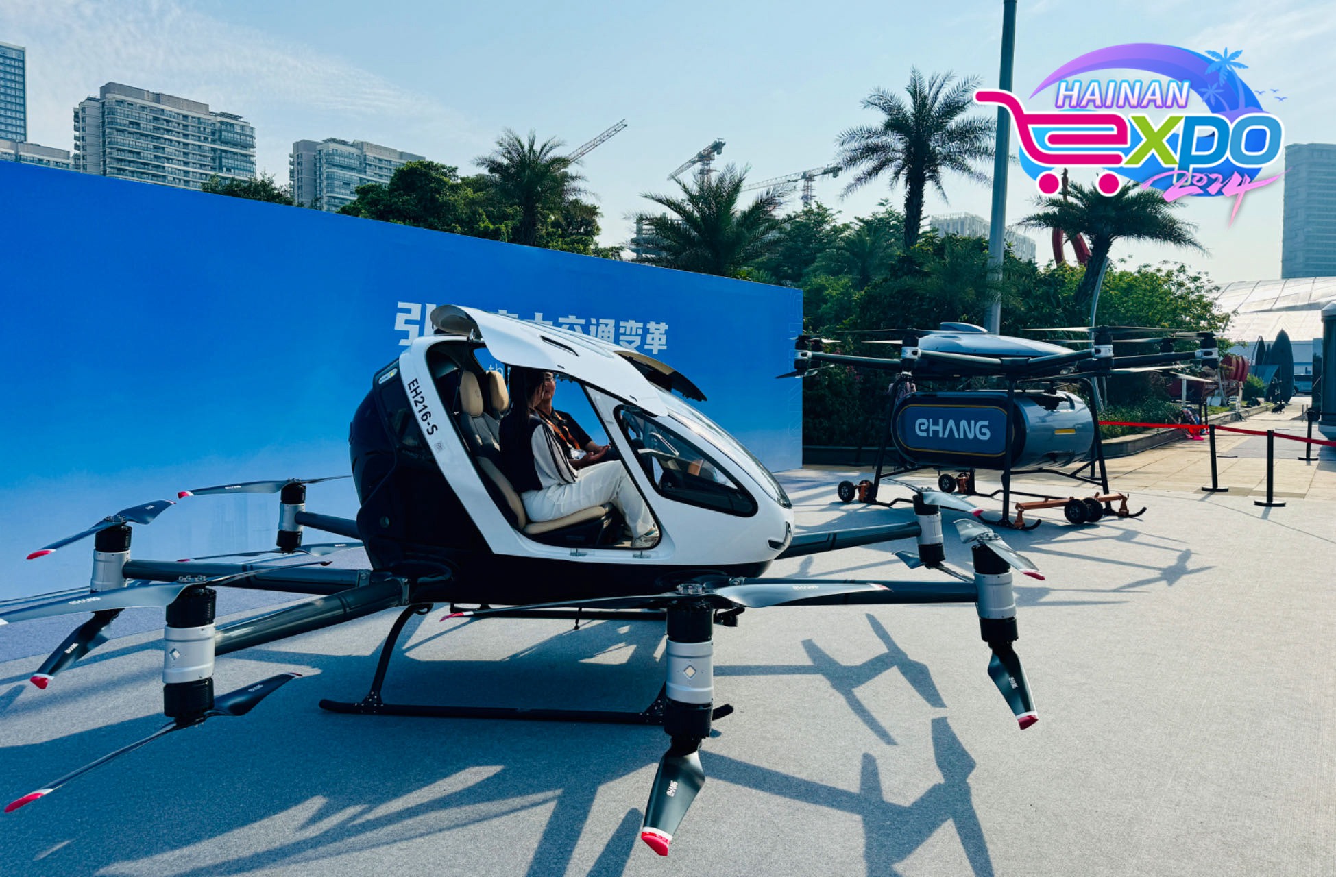 Aerial vehicles are seen outside the main venue of the fourth China International Consumer Products Expo, Haikou City, south China's Hainan Province, April 15, 2024. Guo Meiping/CGTN