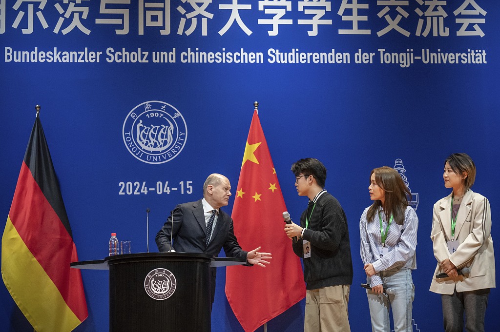 German Chancellor Olaf Scholz takes part in a dialogue with students at Tongji University's Jiading Campus in east China's Shanghai, April 15, 2024. /CFP