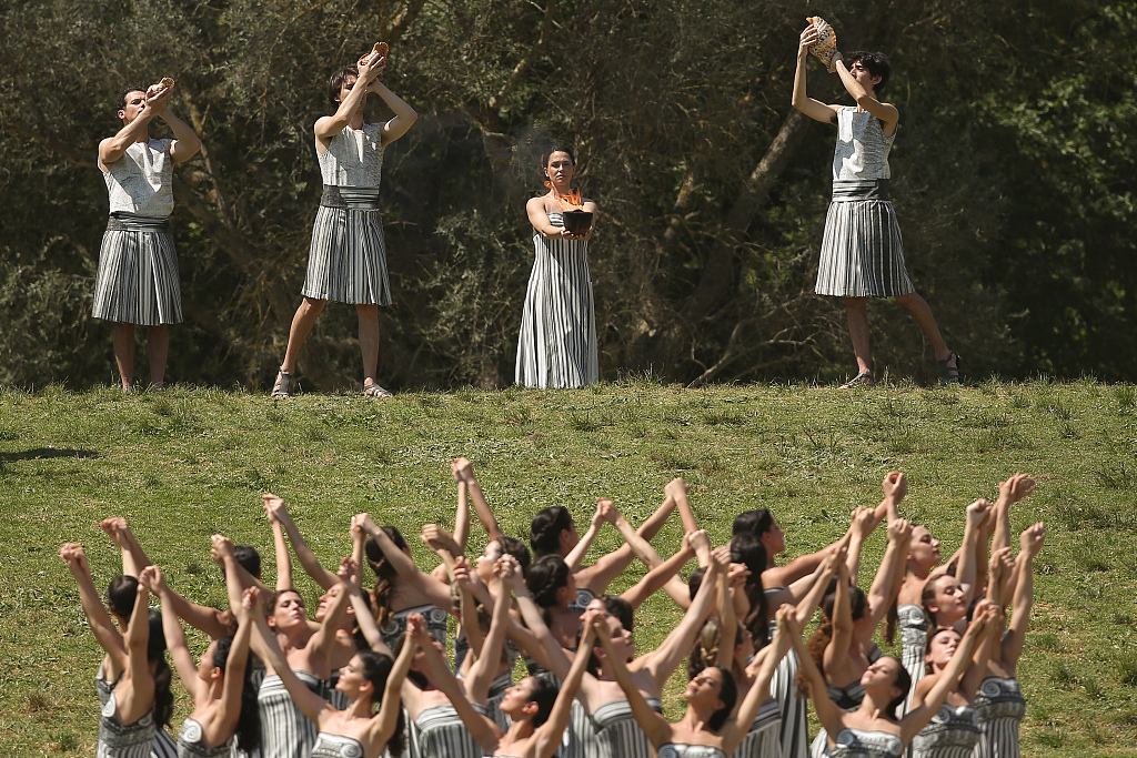 Performers at the rehearsal of the flame lighting ceremony for the Paris Olympics at the ancient Olympia site, Greece on April 15, 2024. /CFP