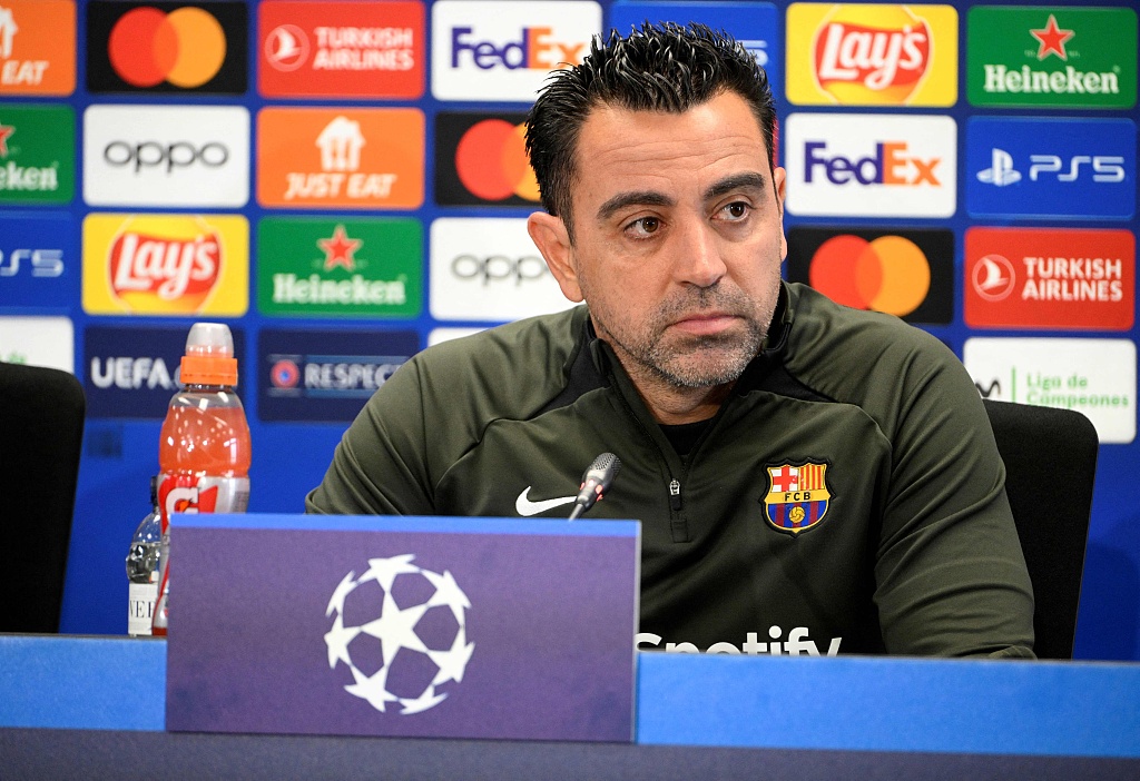 Xavi Hernandez, manager of Barcelona, attends a press conference ahead of their second-leg game against Paris Saint-Germain at the Estadi Olimpic Lluis Companys in Barcelona, Spain, April 15, 2024. /CFP