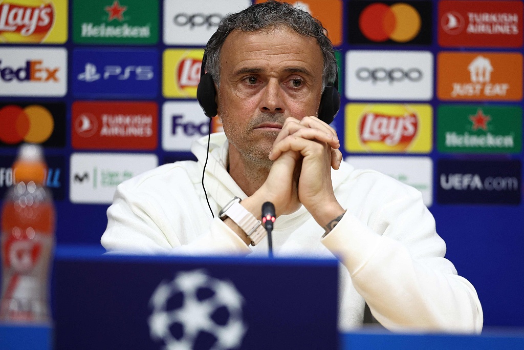 Luis Enrique, manager of Paris Saint-Germain, attends a press conference ahead of their second-leg game against Barcelona at the Estadi Olimpic Lluis Companys in Barcelona, Spain, April 15, 2024. /CFP