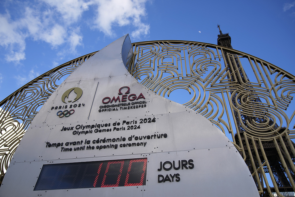A countdown clock reads 100 days before the Paris Olympic Games opening ceremony in Paris, France, April 16, 2024. /CFP 