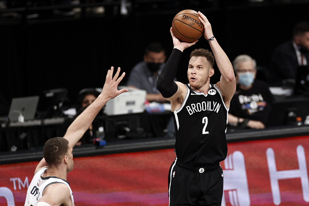 Blake Griffin (#2) of the Brooklyn Nets shoots in Game 1 of the NBA Eastern Conference semifinals against the Milwaukee Bucks at the Barclays Center in Brooklyn, New York City, June 5, 2021. /CFP