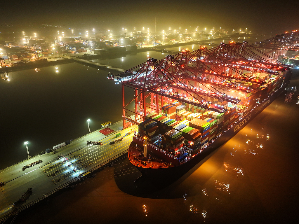 A nighttime view of Zhoushan Port in east China's Zhejiang Province, April 16, 2024. /CFP