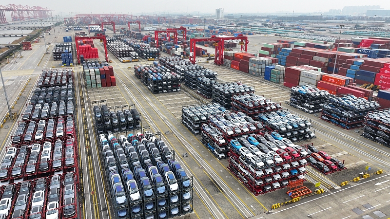 A number of new energy vehicles are ready for export at Suzhou Port, China, December 13, 2023. /CFP