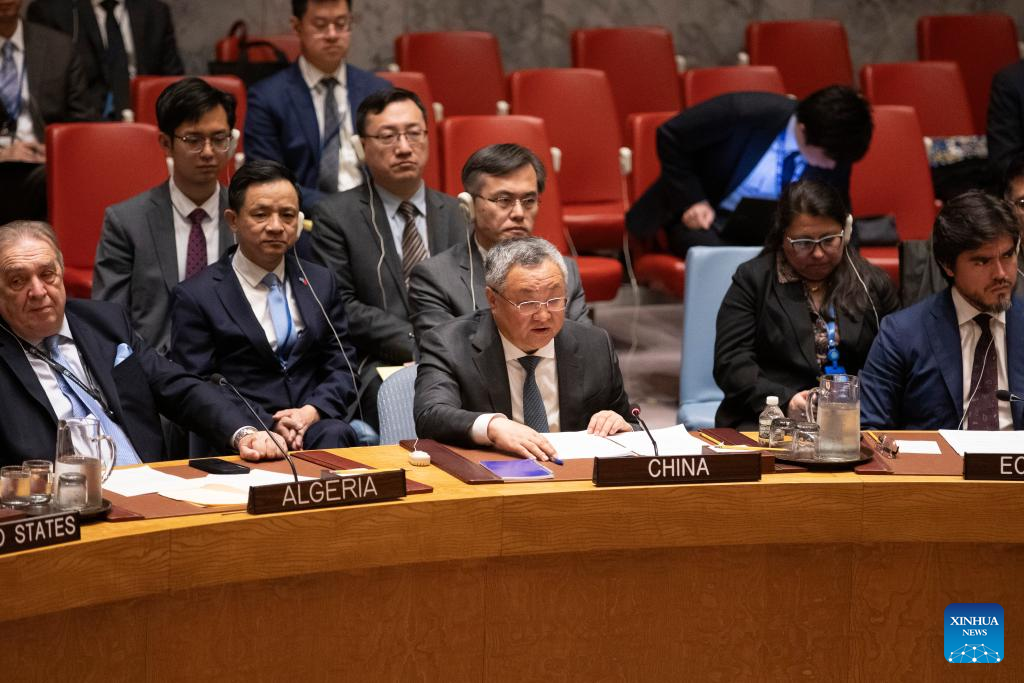 Fu Cong (C, front), China's permanent representative to the United Nations, speaks at the UN Security Council's open debate on the Palestinian-Israeli issue at the UN headquarters in New York, on April 18, 2024. /Xinhua