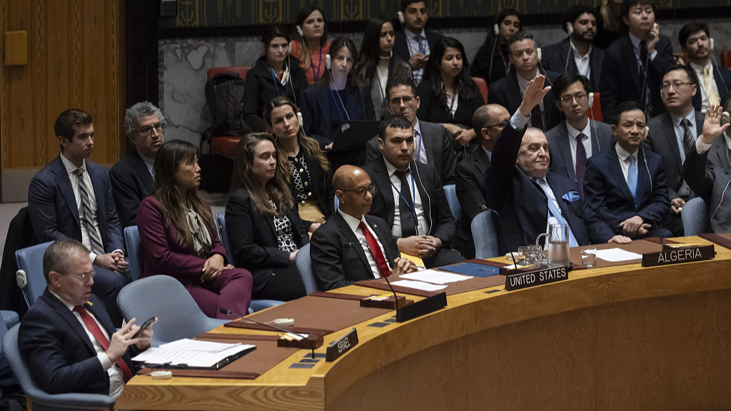 Representatives of member countries take votes during a UN Security Council meeting in New York, April 18, 2024. /CFP
