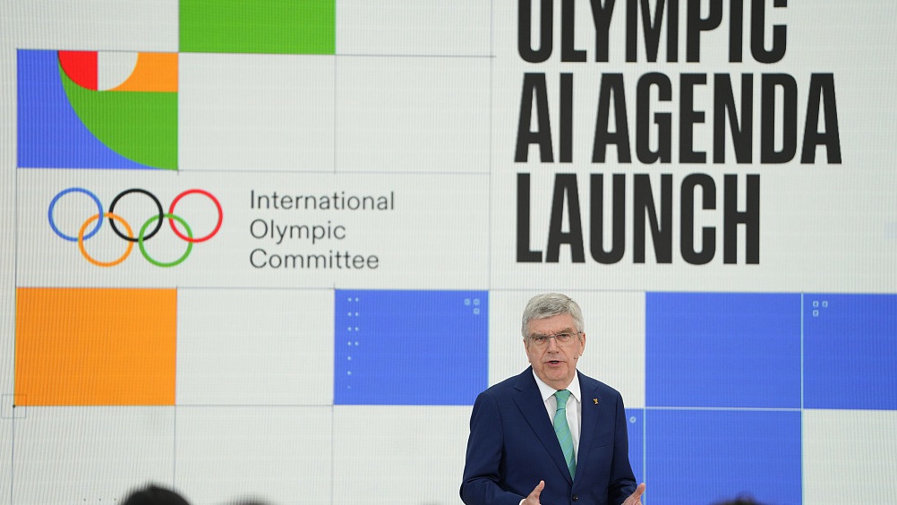 IOC President Thomas Bach speaks at the International Olympic Committee launch of the Olympic AI Agenda at Lee Valley VeloPark, London, April 19, 2024. /CFP
