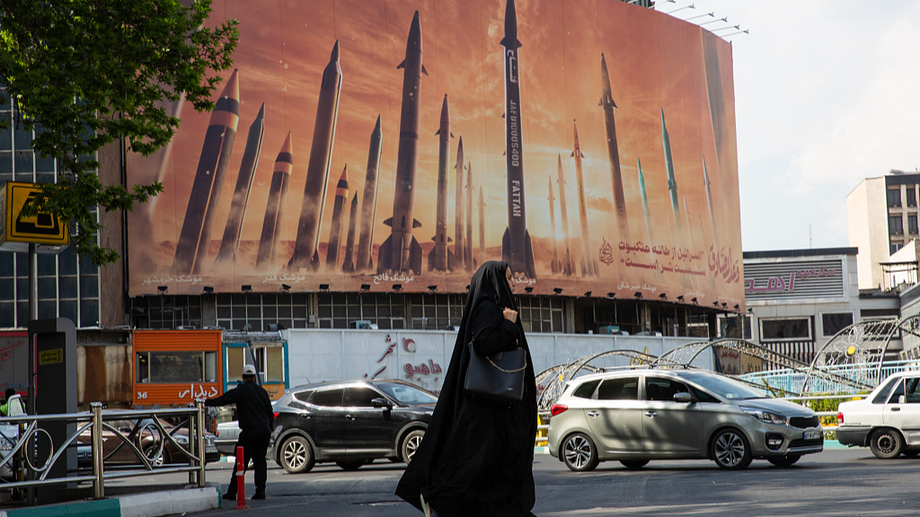 A large billboard depicting Iranian missiles is displayed on a public square, Tehran, Iran, April 19, 2024. /CFP
