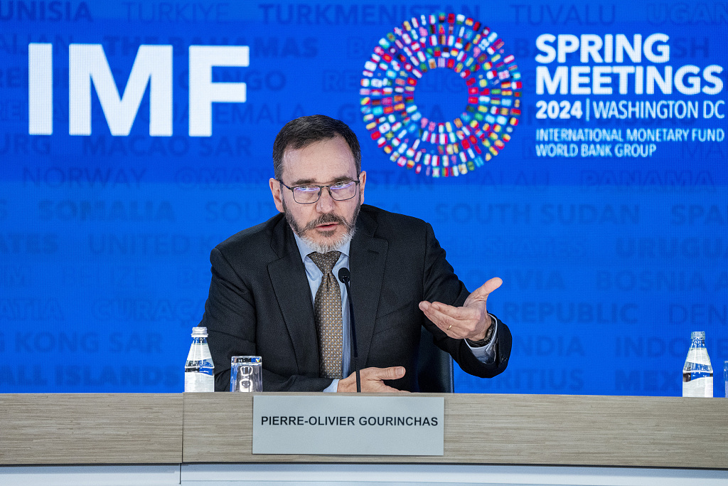 Pierre-Olivier Gourinchas, chief economist of the IMF, speaks at a press briefing during the 2024 Spring Meetings of the IMF and the World Bank, in Washington, D.C., U.S., April 16, 2024. /CFP